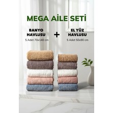 Cotto Home 10 lu Çizgili Beyaz Pudra Bej Mavi Fume Kahve Mega Set El Yüz Banyo Havlu Seti 50x90 cm 70x140 cm