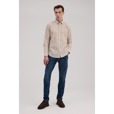 Jakamen Taba Comfort Fit Keten Karışımlı Çizgili Gömlek