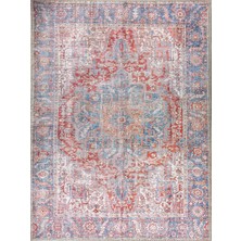 Pera Halı Terracotta ve Gök Mavisi Eskitme Medalyonlu Vintage Halı - Outlet - T0687OU