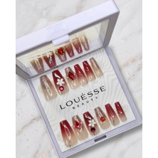 Louesse Beauty Louésse Ruby Spark Takma Tırnak Seti 12’li  Kırmızı Gold Işıltılı Taş Detaylı Gece Modeli