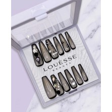 Louesse Beauty Louésse Black Aura Takma Tırnak Seti 12’li  Siyah Çerçeveli Taş Detaylı Lüks Gece Modeli