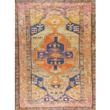 Pera Halı Sarı ve Turuncu Geometrik Desenli Vintage Türk Halısı - Outlet - T0688OU