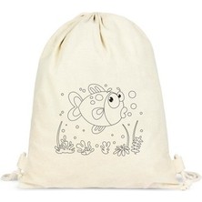 Çınar Bez Çanta Çınar Balık Boyama Desenli Büzgülü Sırt Çantası Krem Renk 32x45 cm Doğal Pamuk Kumaş