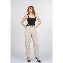 MissVina Monsere Beli Lastikli Yüksek Bel Dar Paça Kadın Pantolon