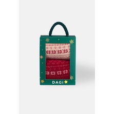 Dagi Bej-Kırmızı Kadın 2'li Kar Desenli Havlu Çorap