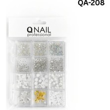 Qnail Professional Renkli Tırnak Taşı Seti 12'li Nail Art Süsleme Parlak Kristal Boncuk Seti QA-208