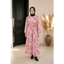 BBS Kadın Pembe Çiçekli Beli Lastikli Uzun Elbise - 130 cm Boy Uzun Kollu Elbise