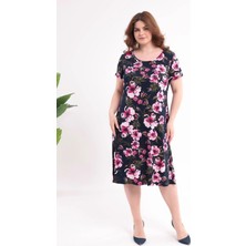 Madwilo Kadın Lacivert Pembe Floral Desen Büyük Beden Esnek Midi Elbise