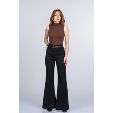 MissVina Elegant Ispanyol Paça Kadın Pantolon - Yüksek Bel Kemerli Likralı Fitilli Krep Kumaş