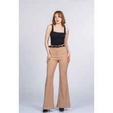 MissVina Elegant Ispanyol Paça Kadın Pantolon - Yüksek Bel Kemerli Likralı Fitilli Krep Kumaş