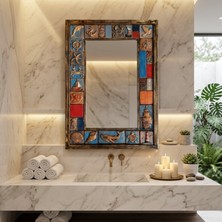 El Yapımı Deniz Temalı Dekoratif Ayna – Seramik Çerçeveli, Rustik & Bohem Duvar Aynası (Banyo, Antre, Salon) 74X51CM