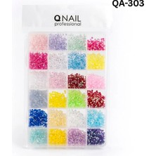 Qnail Professional 24 Bölmeli Renkli Tırnak Taşı Seti Nail Art Süsleme Boncukları Parlak Kristal Taş QA-303