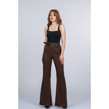 MissVina Elegant Ispanyol Paça Kadın Pantolon - Yüksek Bel Kemerli Likralı Fitilli Krep Kumaş