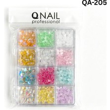 Qnail Professional Renkli Tırnak Taşı Seti 12'li Nail Art Süsleme Parlak Kristal Boncuk Seti QA-205