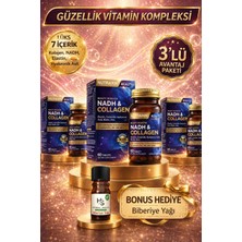 Nutraxin 3 Adet Nadh Kolajen 60 Adet Tablet Tip1-Tip3 Hyaluronik Asit, Elastin,seramid,resveratrol,glutatyon+Hediye Biberiye Yağı