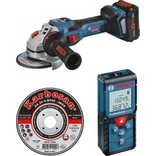 Bosch Akülü Avuç Taşlama Makinesi Gws 18V-15 Sc (2 x 8,0 Ah Akü) (125 Mm) + Paslanmaz Çelik (Inox) Ince Kesme Disk + Bosch Uzaklık Ölçer Lazerli Glm 40