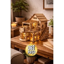 Işıklı Detaylı Kahve Dükkanı Diorama Maketi – Ahşap Hobi Seti