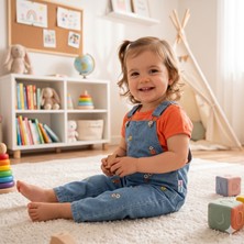 GENYBABY Kız Bebek Kot Salopet Takım Çiçek Nakışlı Askılı Tulum ve Tişört 2’li Kombin