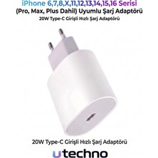 utechno iPhone 6 7 8 X 11 12 13 14 15 16 (Pro Max Plus Dahil) Uyumlu Hızlı Şarj Başlığı Adaptör Type-C 20W Beyaz