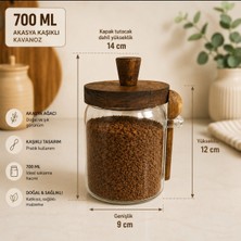 WoodBay 2 Adet Akasya Kapaklı Kaşıklı Cam Kavanoz 700 ml Baharat Kahve Şeker Saklama Kavanozu 12X9 cm