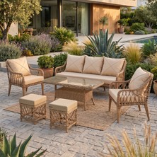 Canisa Tulipa Serisi 1.Sınıf 3+1+1 +2 Puf Cappucino Rattan, Cappucino Minder Bahçe Balkon Oturma Koltuk Takımı