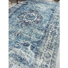 Pera Halı Lacivert ve Buz Mavisi Eskitme Medalyonlu Vintage Halı - Outlet - 4305MOU