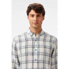 Lacoste Men's Regular Fit Dark Blue Linen Shirt Ekose Keten Erkek Gömlek Koyu Mavi