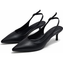 Patron Shoes Hakiki Deri 4 cm Topuklu Sivri Burun Kadın Ayakkabı Ayarlanabilir Arka Bantlı Günlük ve Klasik