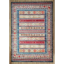 Pera Halı Lacivert ve Kırmızı Şeritli Geometrik Halı - Outlet - 11449OU