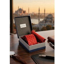 Exve Exclusive Kırmızı Beyaz Ay Yıldız Türk Bayraklı Kravat Mendil ve Kol Düğmesi Seti Hediyelik Pu Deri Kutusunda