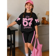 Zepkids Kız Çocuk 67 Baskılı Pamuklu Likralı Siyah Renk Oversize Tişörtlü Kapri Takım