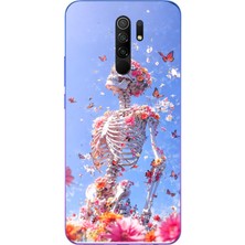 Le Balvo Redmi 9 Uyumlu Iskelet Çiçekleri Baskılı Silikon Kılıf