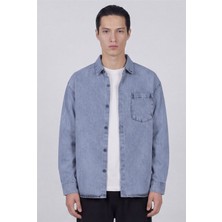 Sabri Özel Erkek Buz Mavisi Normal Kesim Regular Fit Pamuk Torba Cep Uzun Kollu Denim Ceket Gömlek