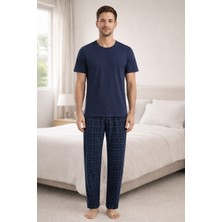 Koza İç Giyim Erkek Lacivert Kısa Kollu Ekose Desenli Pamuklu Pijama Takımı