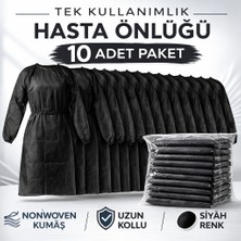 Renas Store Tek Kullanımlık Hasta Önlüğü 10 Adet Nonwoven Kumaş Uzun Kollu Standart Beden Siyah