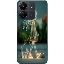 Le Balvo Redmi 13C Uyumlu Kedili Neon Kız Baskılı Silikon Kılıf