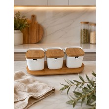 3'lü Bambu Standlı Bambu Kapaklı Porselen Kaşıklı Tuzluk Biberlik 300 Ml(Gnl)