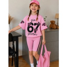 Zepkids Kız Çocuk 67 Baskılı Pamuklu Likralı Pembe Renk Oversize Tişörtlü Kapri Takım