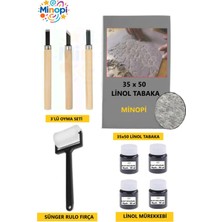 Minopi Linol Tabaka Levha 2.5 mm 35X50 cm , Siyah Mürekkep , Sünger Rulo Merdane , 3'lü Oyma Seti