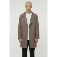 Sabri Özel Erkek Kahve Geniş Kesim Oversize Fit Pamuklu Dokuma Yan Cepli Orta Boy Ceket Yaka Trençkot