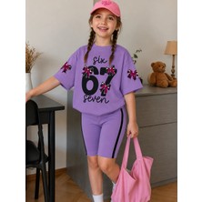 Zepkids Kız Çocuk 67 Baskılı Pamuklu Likralı Lila Renk Oversize Tişörtlü Kapri Takım