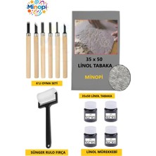 Minopi Linol Tabaka Levha 2.5 mm 35X50 cm , Siyah Mürekkep , Sünger Rulo Merdane , 6'lı Oyma Seti