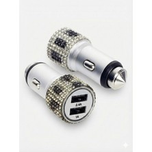 Kristal Taşlı Metal Araç Çakmaklık Şarj Aleti Çift Usb-A Girişli Hızlı Şarj 2.4A 12-24V Leopar