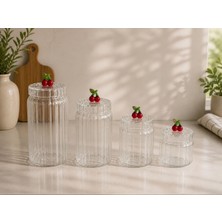 4'lü Borosilikat Cam Optik Çizgili Kiraz Kapaklı Kavanoz Seti 630 -800-1100-1500 ml