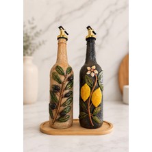 Rembox Akdeniz Esintisi El Işçiliği Kil Kabartmalı Dekoratif Cam Şişe Ikili Yağdanlık Seti 750 ml