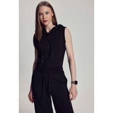 Scorp Juliet Kadın Siyah Kapüşonlu Tulum %70 Cotton Kolsuz Bol Paçalı Fitness ve Yoga İçin