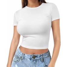 Nigrum Pardus Nıgrum Pardus Yeni Sezon Yuvarlak Yaka Düz Renk %100 Pamuk Slim Fit Kadın Crop T-Shirt