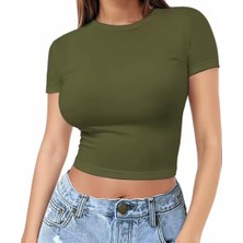 Nigrum Pardus Nıgrum Pardus Yeni Sezon Yuvarlak Yaka Düz Renk %100 Pamuk Slim Fit Kadın Crop T-Shirt