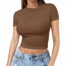 Nigrum Pardus Nıgrum Pardus Yeni Sezon Yuvarlak Yaka Düz Renk %100 Pamuk Slim Fit Kadın Crop T-Shirt