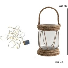 Cekar Store Dyrıs Rustik Halatlı Cam Fener, Pilli LED Işıklı Dekoratif Kavanoz Lamba, Bahçe ve Balkon Aydınlatması, 20X10 cm          [enerji Sınıfı A]